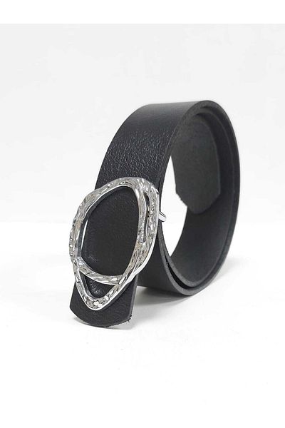 Kemerix 100% Genuine Leather Black Women's Belt with Silver Buckle