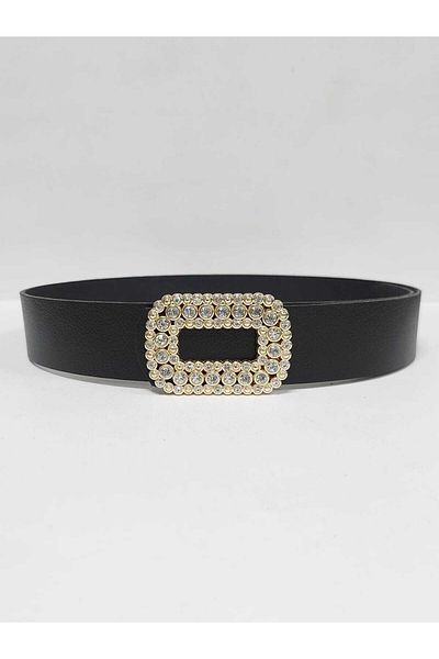 Kemerix 100% Genuine Leather Women's Black Belt with Stone Gold Buckle