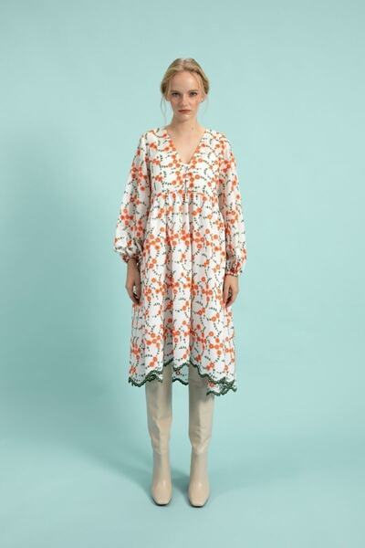 By Mare Style Orange Pattern White Embroidery Dress Marc Dress