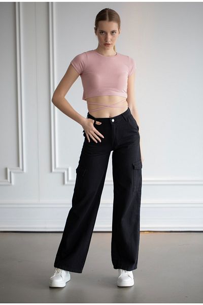 LAMİRA Fadeproof Cargo Pocket Palazzo High Waist Flexible Women's Jeans
