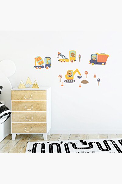Iş Makineleri Duvar Sticker, Inşaat Araçları, Vinç, Kamyon, Buldozer, Bebek Ve Çocuk Odası Dekoru