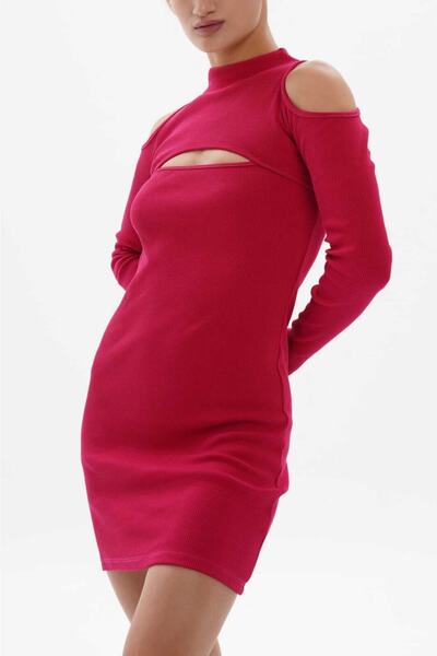 COSMICLINE Kadın Göğüs Ve Sırt Pencereli Yarım Balıkçı Omuz Açık Cut Out Bodycon Uzun Kollu Mini Elbise