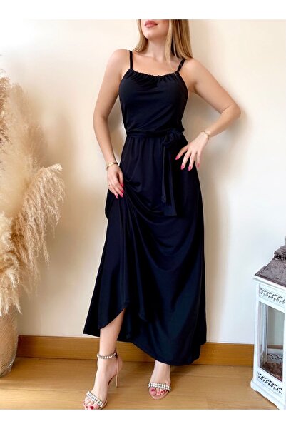 twomeey Γυναικείο μαύρο μακρύ φόρεμα από μικρούχο ύφασμα με ζώνη στη μέση και...