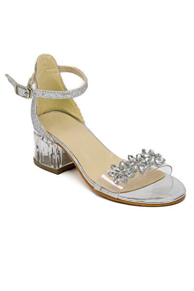 SIRRI Girl's Transparent Stone Detailed Silver Heeled Shoes