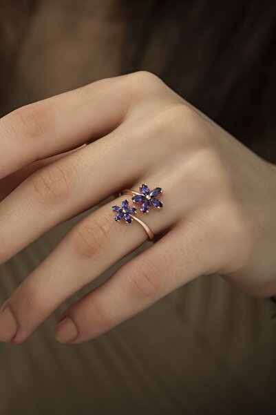 klas gümüş Ametist Taşlı Sevda Çiçeği Ayarlanabilir Yüzük-925 Ayar Gümüş