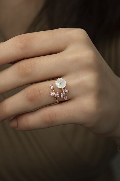 klas gümüş Pembe Taşlı Sedefli Manolya Ayarlanabilir Yüzük-925 Ayar Gümüş