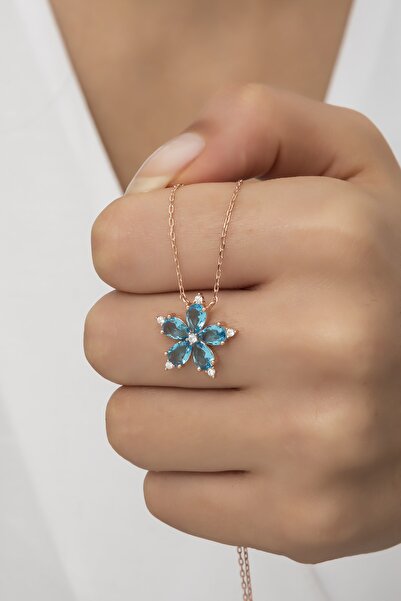 klas gümüş Akuamarin Taşlı Rose Yıldız Çiçeği Kolye-925 Ayar Gümüş