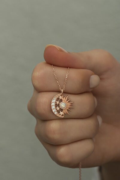 klas gümüş Opal Beyaz Taşlı Ay Ve Güneş Kolye-925 Ayar Gümüş