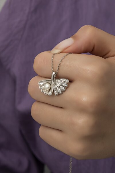 klas gümüş Incili Rodaj Istiridye Kolye-925 Ayar Gümüş