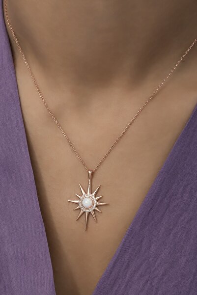 klas gümüş Opal Beyaz Taşlı Kutup Yıldızı Kolye-925 Ayar Gümüş