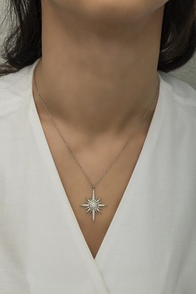 klas gümüş Kutup Yıldızı Rodaj Kolye-925 Ayar Gümüş