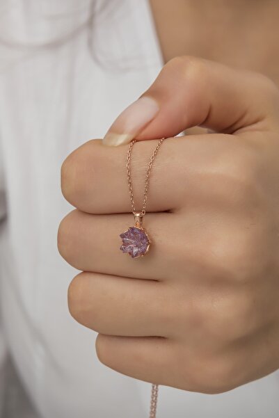 klas gümüş Lila Taşlı Lotus Çiçeği Kolye-925 Ayar Gümüş