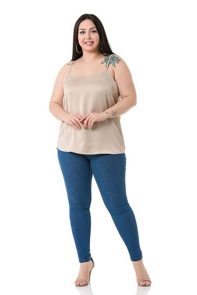 DISENTIS MODEST Plus Size Adjustable Thin Strap Satin Beige Blouse