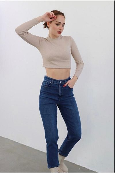 Livik Tiger Albastru Inchis Lycra Talie Inalta Fit Mom Jean