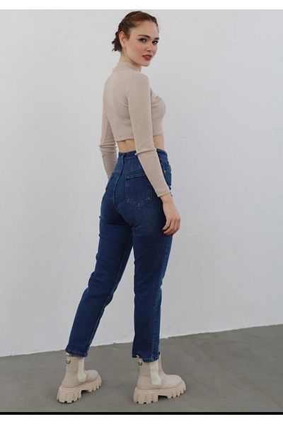 Livik Tiger Albastru Inchis Lycra Talie Inalta Fit Mom Jean