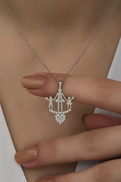 klas gümüş Anne Ve Çocukları Rodaj Kolye-925 Ayar Gümüş