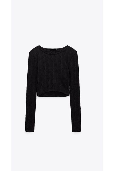MJORA Black Textured Crop-top