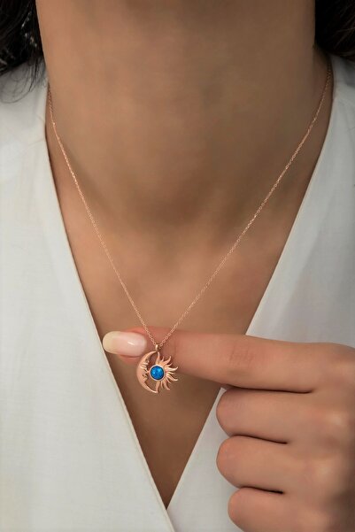 klas gümüş Opal Mavi Taşlı Ay Ve Güneş Kolye-925 Ayar Gümüş