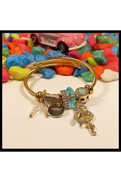 FAMİLY Zirkon Taşlı Flamingo Temalı Charmlı Gold Renk Paslanmaz Ve Kararmaz Çelik Bileklik