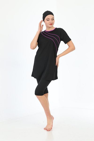 ASLINUR GİYİM Sea Swimsuit Lycra Striped Semi Covered Hijab Swimsuit Black