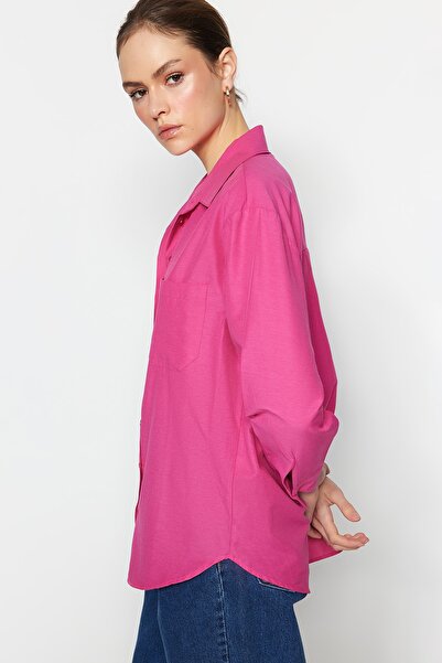 Trendyol Collection Fukszia egyzsebű barát/széles szabású pamut szőtt ing TWOAW20GO0115