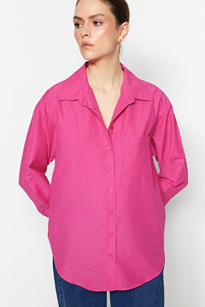 Trendyol Collection Fukszia egyzsebű barát/széles szabású pamut szőtt ing TWOAW20GO0115