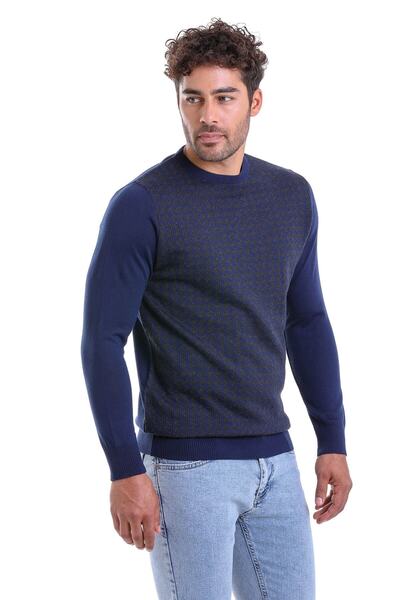 Hatemoğlu Синій комфортний джемпер з жакардовим візерунком, вовняний, з коміром-стійкою