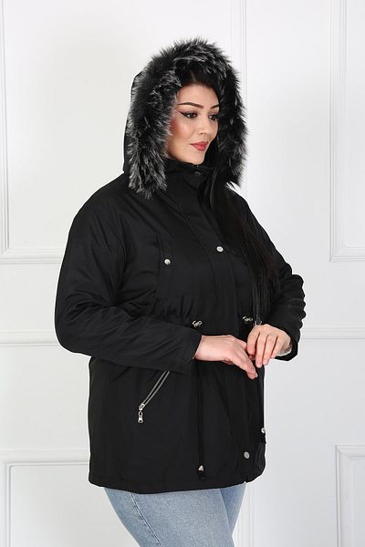 By Alba Collection Women's Black Zipper Detail Water Repellent Bondit Fabric Large Size Coat