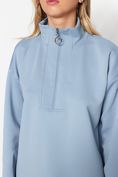 Trendyol Modest Oversize modrá potápěčská mikina – detailní zip, potápěčská pletená, TCTAW23TW00198