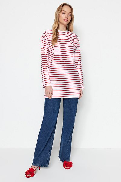 Trendyol Modest Rote bestickte Oversize-Stricktunika - TCTSS23UK00034