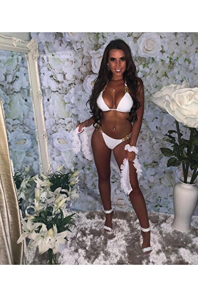 ŞAHPERA BUTİK Λευκό σετ μπικίνι με πέτρινη λεπτομέρεια