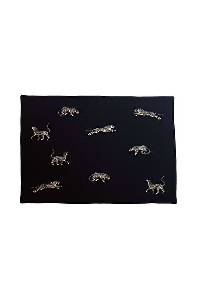 ge living Leopar Desenli Siyah Keten Dekoratif Amerikan Servis - 2 Adet