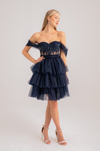 Lenta Moda Lacivert Mini Işlemeli Dantel Detaylı Abiye Ve Gece Elbisesi