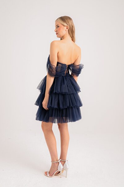 Lenta Moda Lacivert Mini Işlemeli Dantel Detaylı Abiye Ve Gece Elbisesi