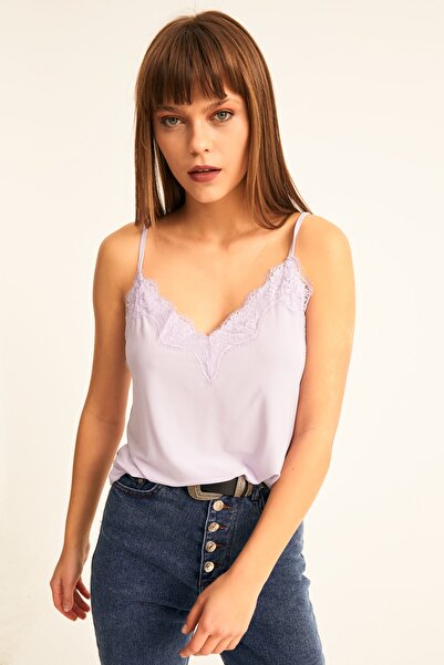 LACHT Kadın Lila Dantel Detaylı Ip Askılı Bluz