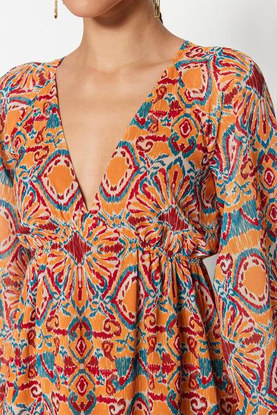 Trendyol Collection Narancssárga etnikai mintás deréknyitású sifon bélésű mini szőtt ruha TWOSS23EL00519