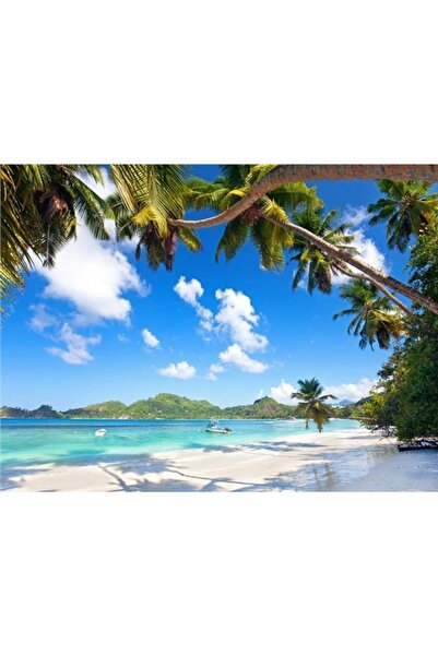 EkoDekor 3boyutluduvarkagitlari Palmiyeli Sahil Deniz Manzara Duvar Kağıdı Kanvas Tek Parca