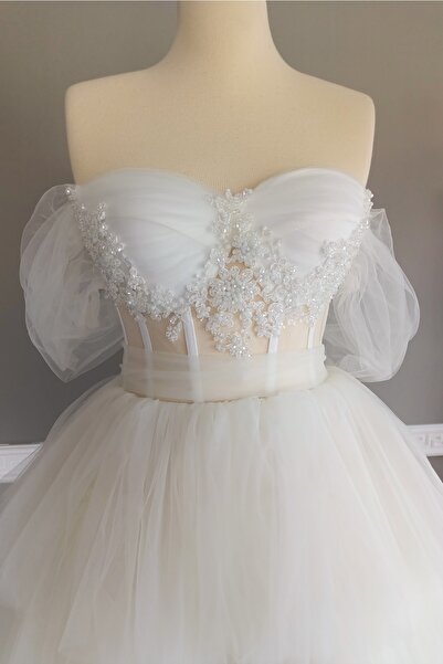 Lenta Moda Beyaz Mini Işlemeli Dantel Detaylı Abiye ve Gece Elbisesi