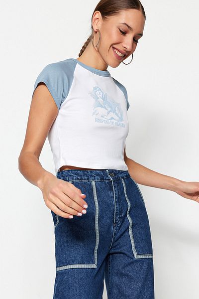 Trendyol Collection Tricou albastru, 100% bumbac, tricotat cu decolteu turnat, cu imprimeu TWOSS23TS00170
