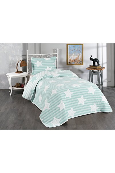 Evlen Home Collection Pedri Yıldız Desenli Pamuklu Tek Kişilik Yatak Örtüsü (pike Takımı) 2 Parça Mint Çocuk Yatak Örtüsü