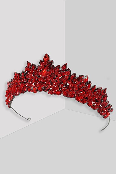 mycrown34 6cm Yüksekliğinde Krsital Taşlı Kırmızı Gelin Tacı, Saç Tacı, Prens...