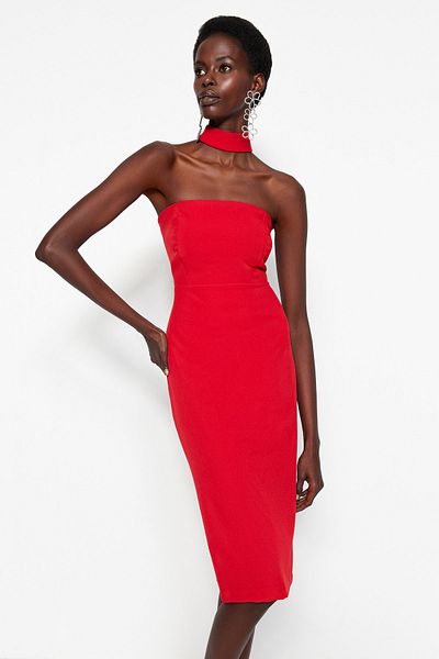 Trendyol Collection Βραδινό υφαντό φόρεμα με κόκκινη γραμμή TPRSS23EL00081
