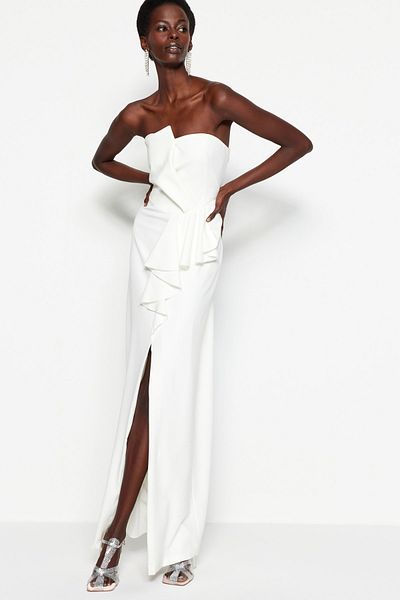 Trendyol Collection Rochie de seară lungă de mireasă/Nikah cu căptușeală ecru TPRSS23AE00005