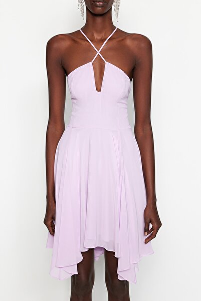 Trendyol Collection Lilac Chiffon Evening Dress - A-Cut, Lining and Flounces Short Evening Gown TPRSS23EL00229
