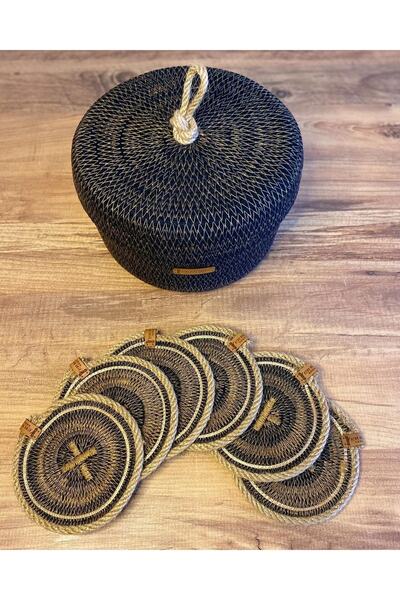 AYŞE SERHOŞOĞLU HOME DESİGN Wicker Basket and 6-Piece under Cup - Jute Basket, 100% Natural, Multi-Purpose Decorative Wicker Basket Organizer