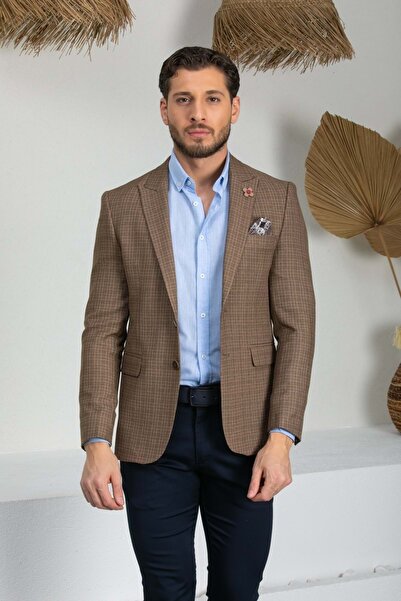 ZAYFA Vito Andolini Light Brown Checked Slim Fit Men's Single Jacket