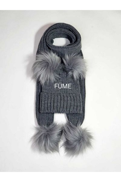 Meriç bebe Set de 2 eșarfe și căciuli cu pompon împletite extra flexibile unisex 0-3 ani afumat