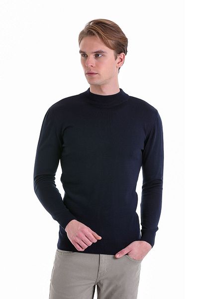 Hatemoğlu Navy Blue Regular Fit Plain Half Turtleneck Wool Knitwear Sweater