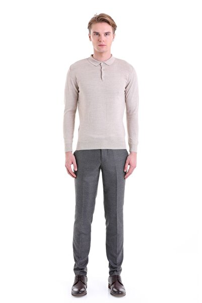 Hatemoğlu Bej Comfort Fit Düz Polo Yaka Yünlü Yün Kazak