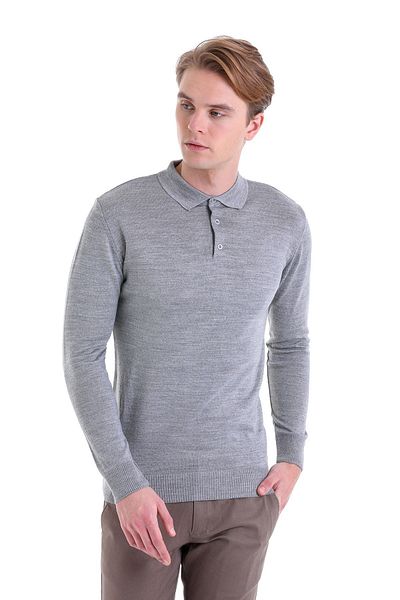 Hatemoğlu Gray Comfort Fit Plain Polo Collar Woolen Sweater